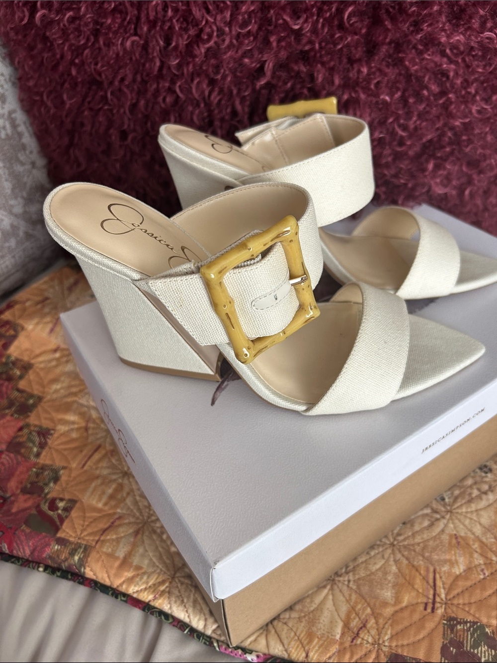Jessica Simpson Cream Wedge Sandals with Yellow Buckle